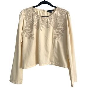 Broadway Womens XL‎ Cream Embroidered Long Sleeve Blouse Smocked Back Top